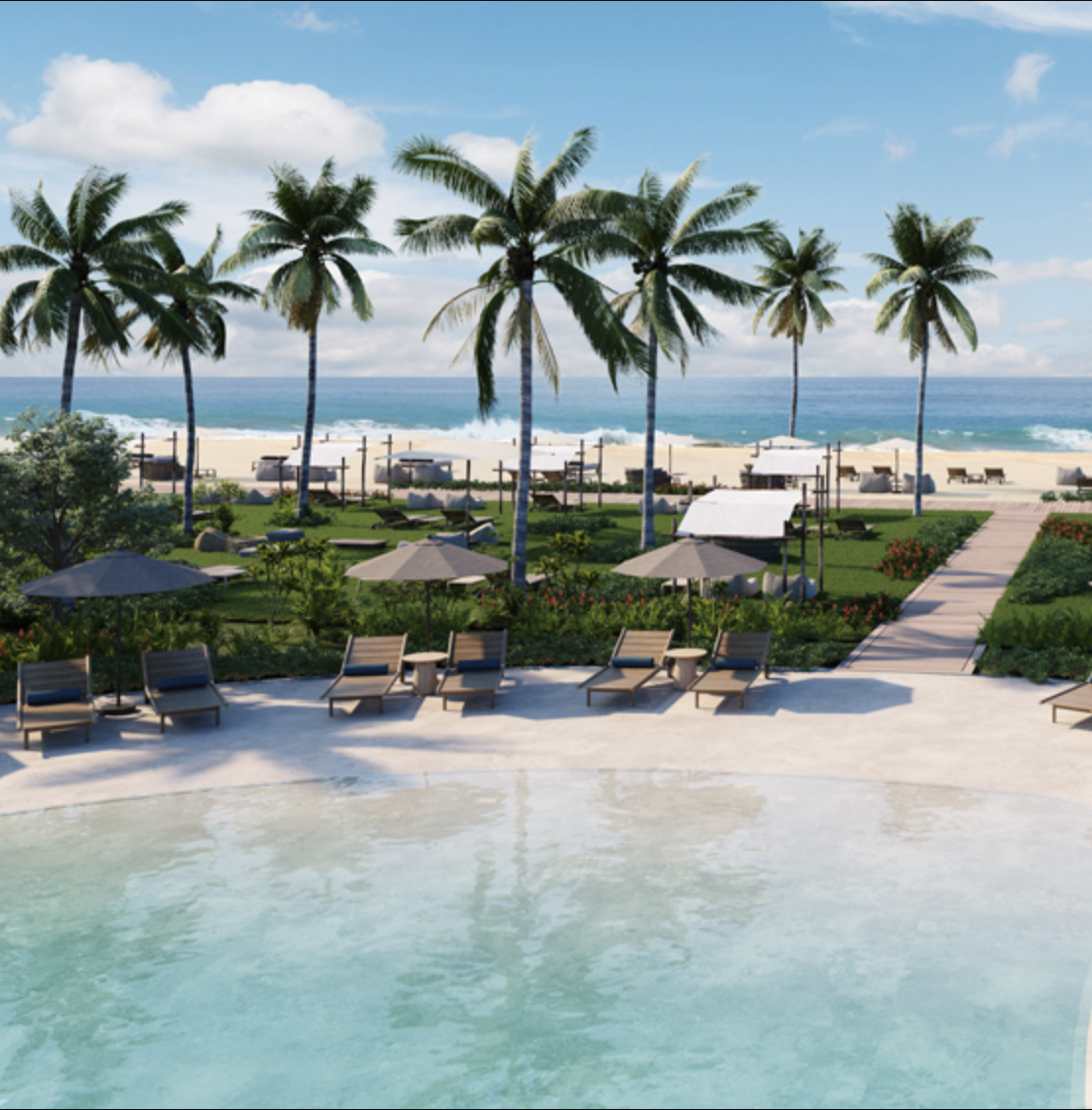 A tropical beach resort with palm trees, umbrellas, lounge chairs, and a swimming pool overlooking the ocean under a partly cloudy sky.