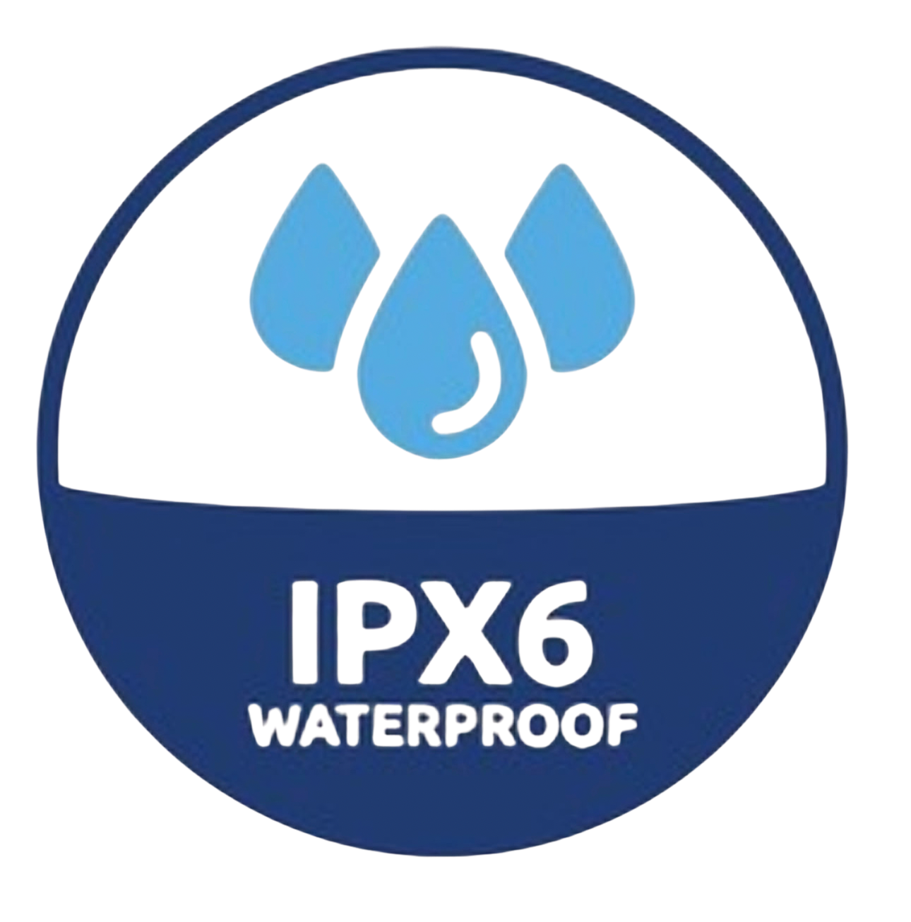 Waterproof IPX6 logo with a blue water droplet and splash icon, and colorful background bars.