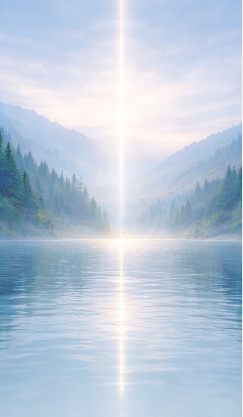 A vertical, bright beam of light extending from a calm lake to the sky, with fog, mountain trees, and a cloudy sky in the background.