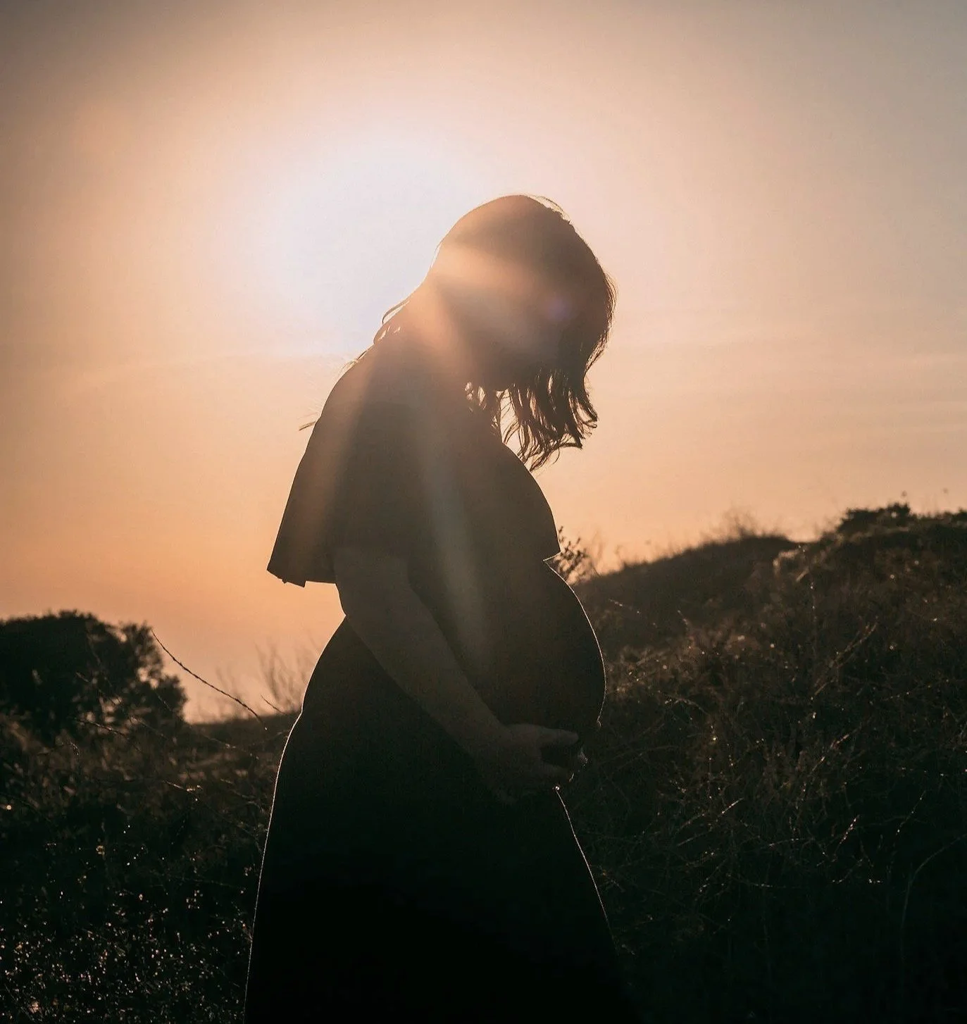 Pregnant person standing in a field at sunset, representing pregnancy counseling support.