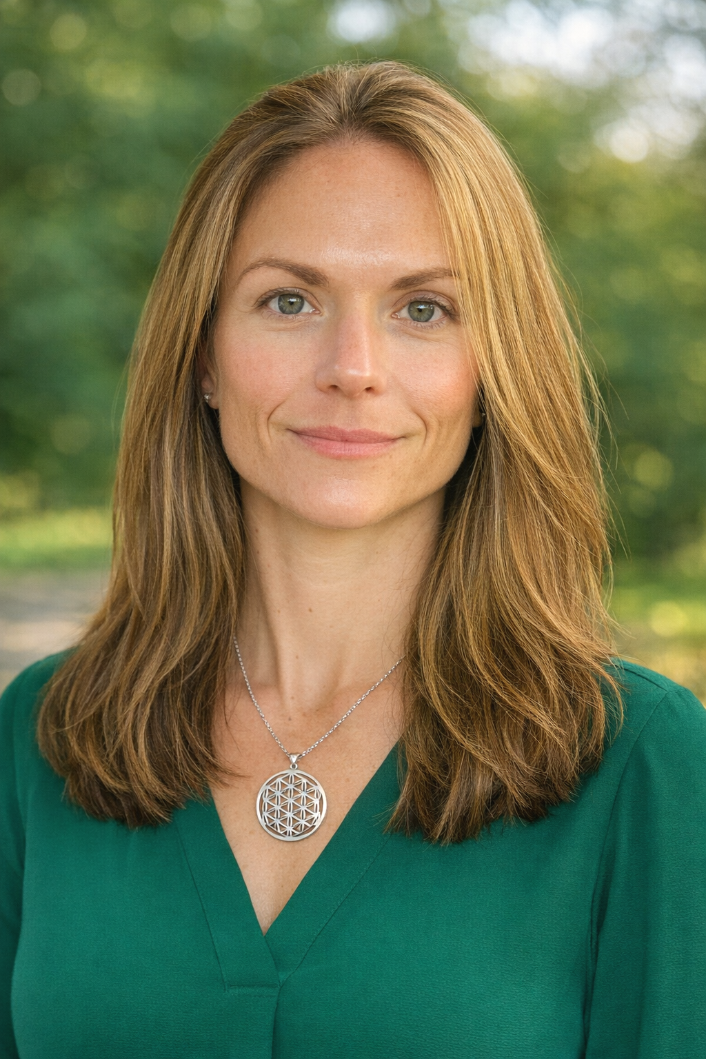 A woman with light brown hair, wearing a green top and a silver necklace with a circular pendant, standing outdoors with a blurred green background.