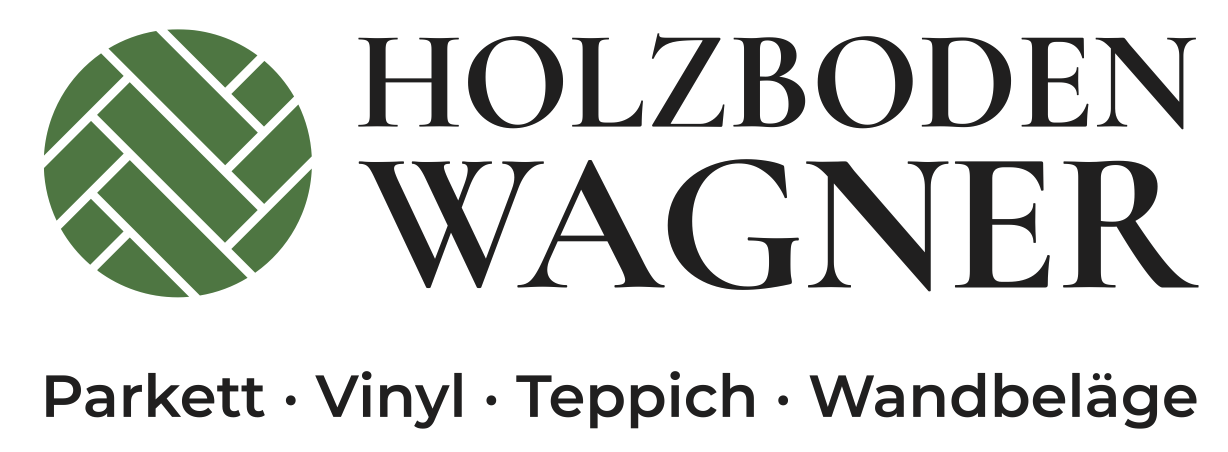Logo von Holzboden Wagner mit grünem Baumstammmotiv und schwarzem Text, der Parkett, Vinyl, Teppich und Wandbeläge erwähnt.