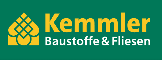 Logo von Kemmler Baustoffe & Fliesen mit einem gelben Symbol und grünem Hintergrund
