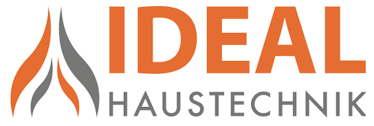Logo mit Flammenmotiv und den Texten 'IDEAL HAUSTECHNIK' in Orange und Grau.