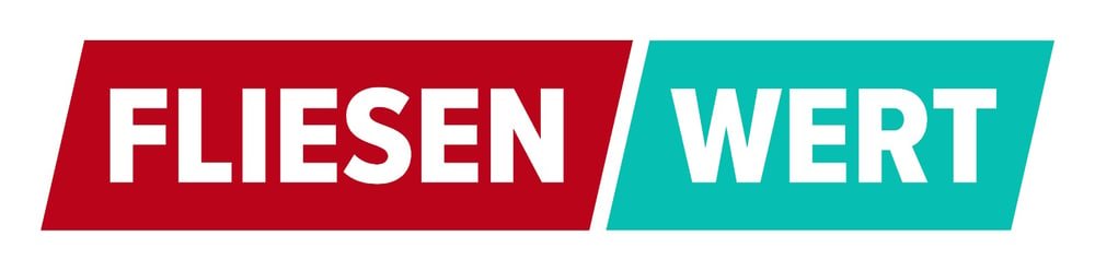 Logo mit den Worten "Fliesen" in weiß auf rotem Hintergrund und "Wert" in weiß auf türkisem Hintergrund, getrennt durch eine diagonale Linie.