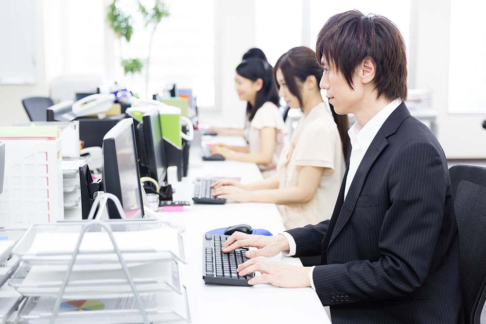 Four people working on computers in an office with bright natural light and potted plants.