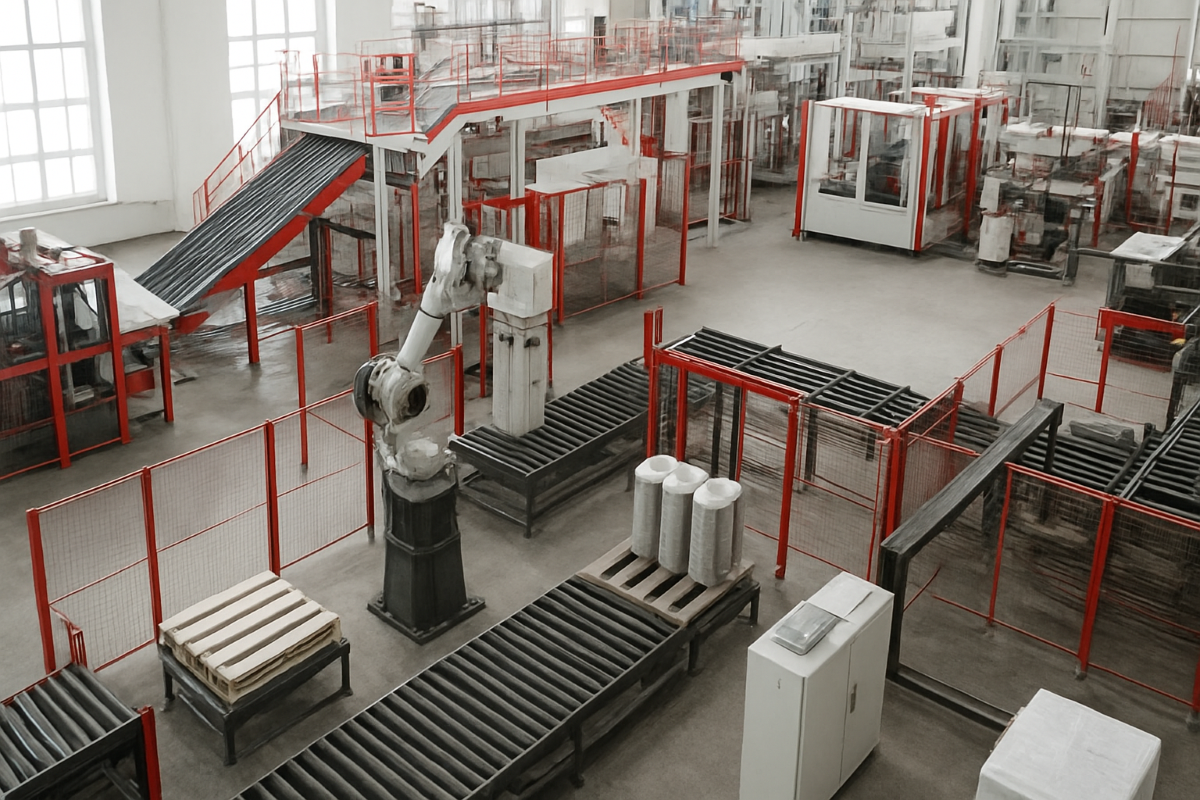 Robotic arm working in an industrial factory with conveyor belts and fenced off areas.