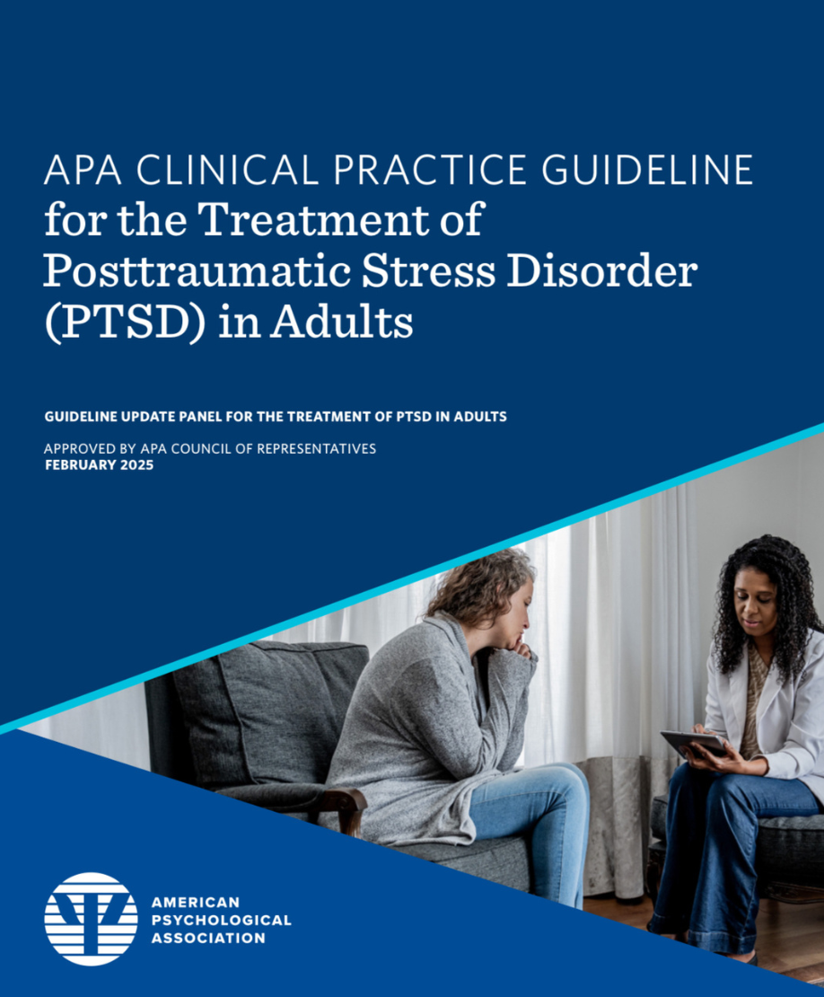 Cover of APA Clinical Practice Guideline booklet for treating PTSD in adults, showing two women in a therapy session, one distressed and the other with a tablet, with the APA logo at the bottom.