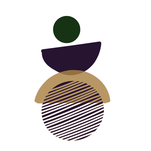 Abstract geometric illustration with a green circle, purple semicircle, tan semicircle with striped pattern, and a striped circle on a black background.