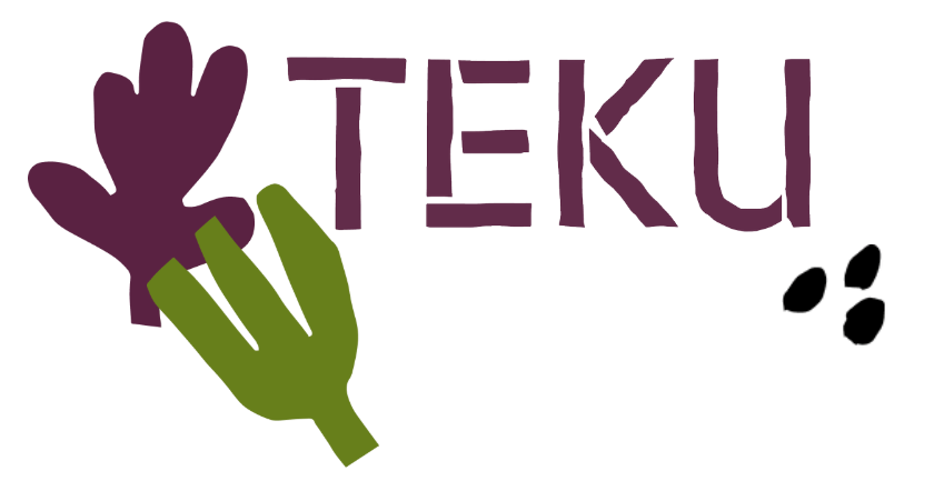 Illustration of purple and green abstract graphics and the word 'TEKU' written in purple, and a small black abstract graphics.