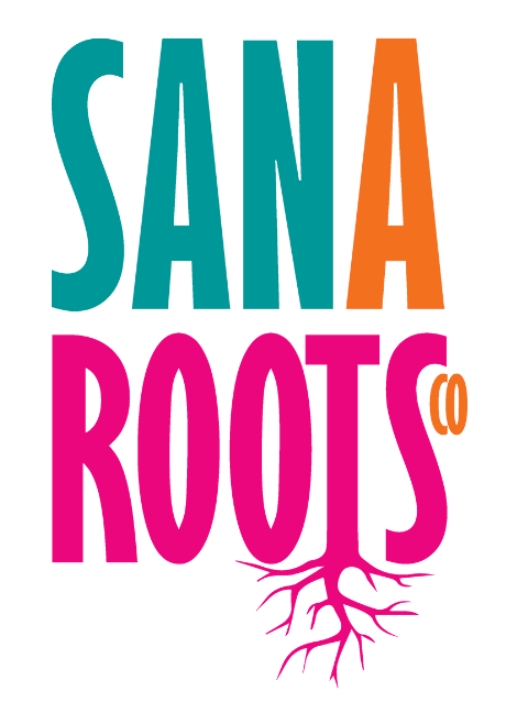 Colorful logo with the words 'SANA ROOTS' and a stylized pink tree root beneath the text.
