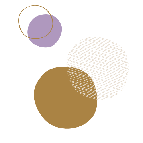 Graphic design with four overlapping circles in purple, white with black lines, brown, and gold on a black background.