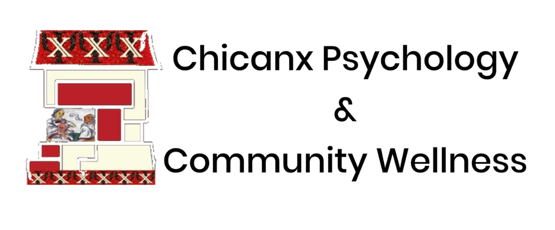 Artwork featuring a stylized Zia symbol, with a depiction of children sitting together, overlapping a red and beige geometric design, alongside bold black text reading 'Chicanx Psychology & Community Wellness'.