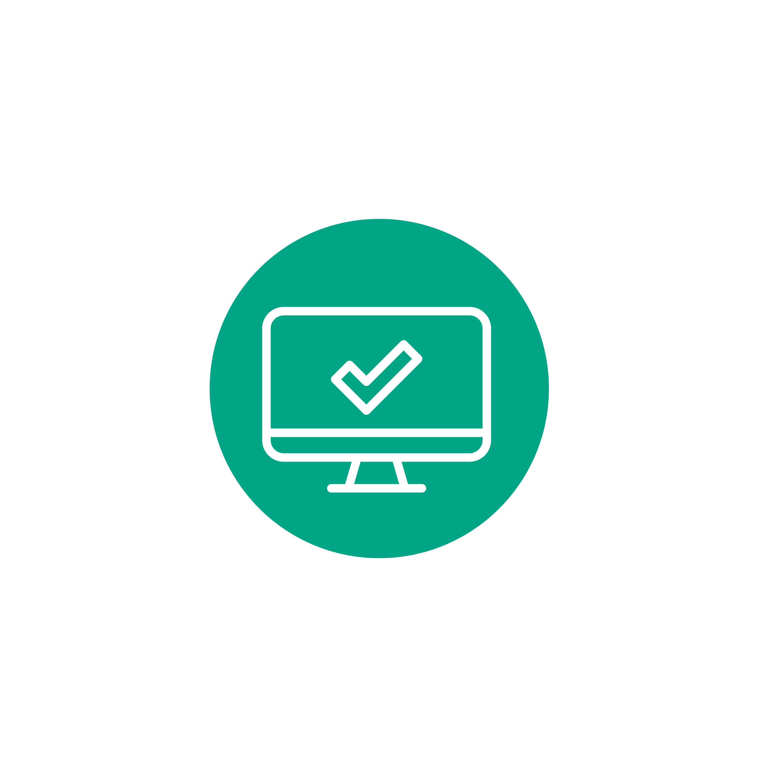 A digital icon of a computer monitor with a checkmark inside a circle, on a black background with diagonal white lines.