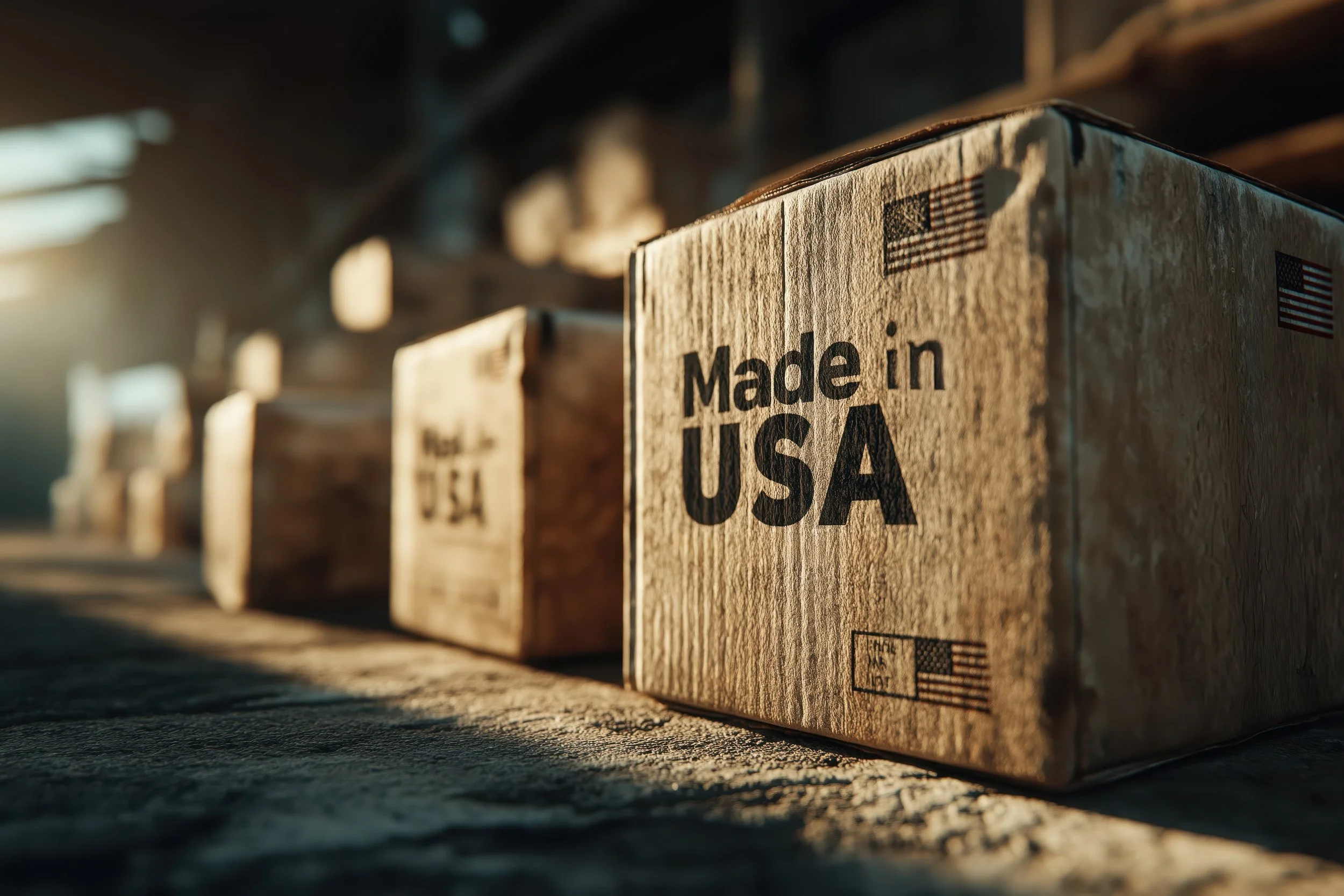 A row of cardboard boxes with American flags and 'Made in USA' printed on them, sitting on a weathered surface with sunlight in the background.