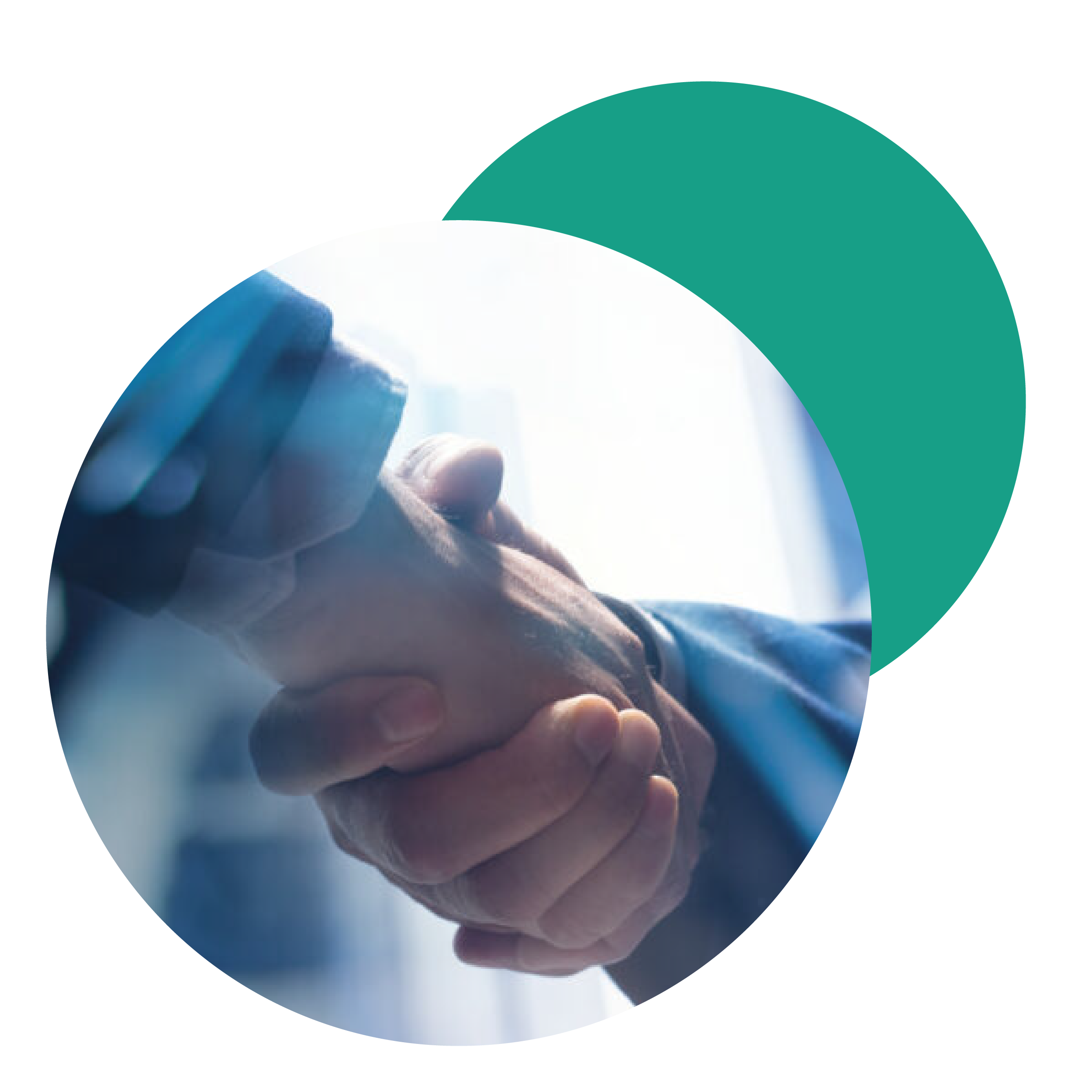 Close-up of two people shaking hands, with one holding a small bottle, suggesting a handshake in a professional or business setting.