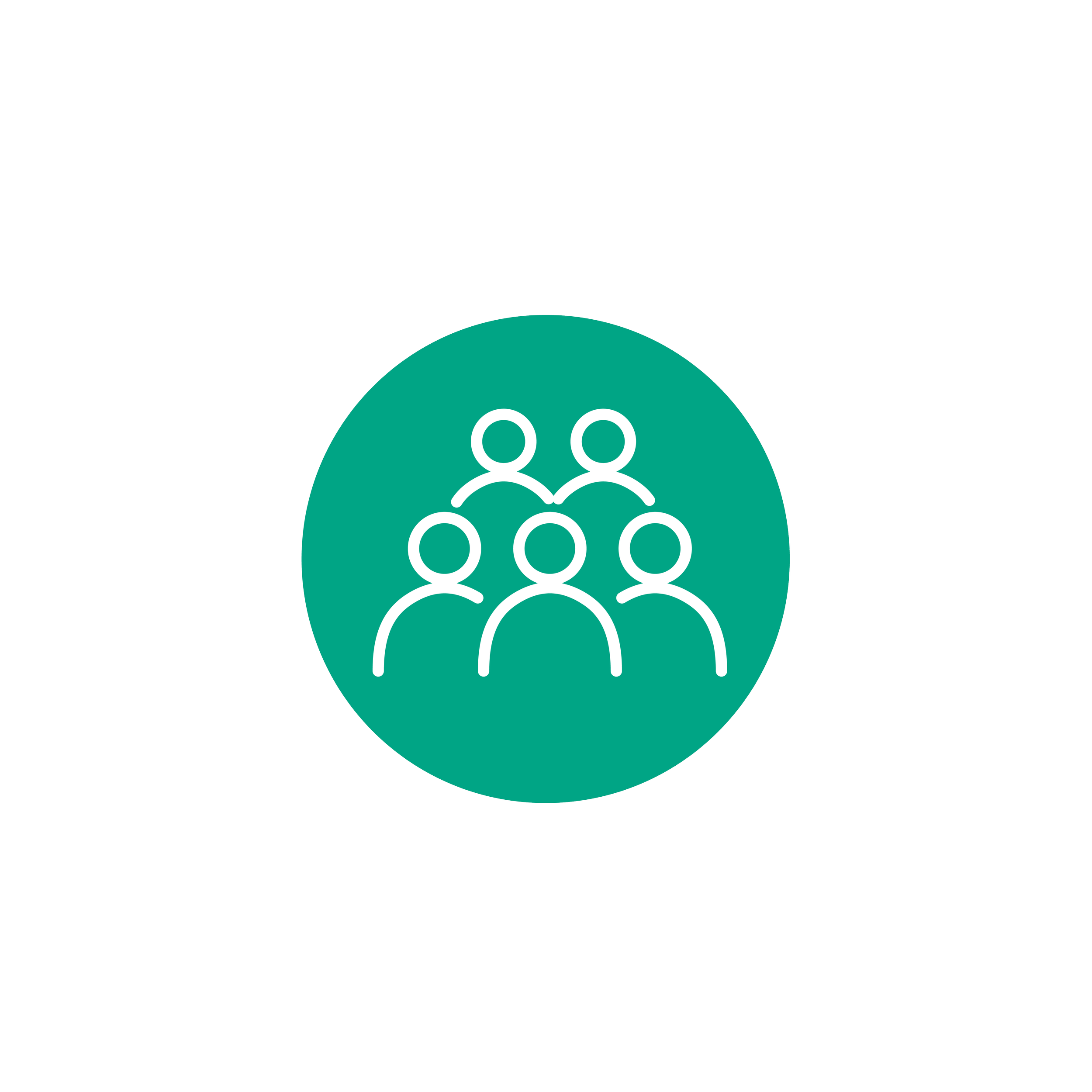 Icon representing a group of six people inside a green circle with a black background decorated with white plus signs.