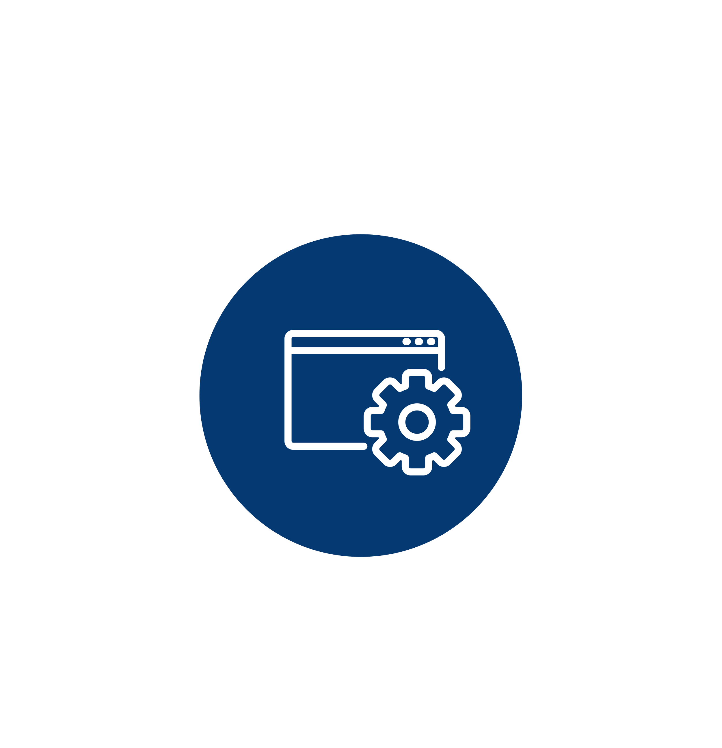 Icon of a web browser window with a gear symbol, indicating settings or configuration, on a blue circle background.