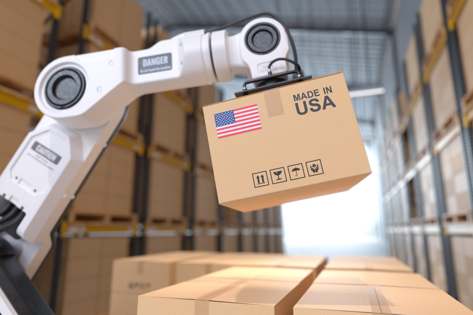 A robotic arm inside a warehouse lifting a cardboard box labeled 'Made in USA' with an American flag and handling symbols.