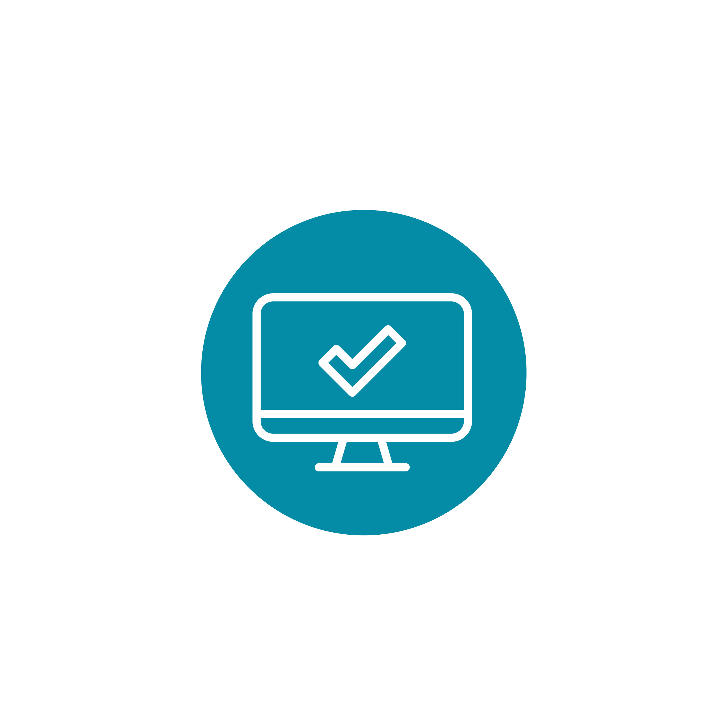 Icon of a computer monitor with a check mark on the screen, set against a blue circular background with a black and white striped pattern behind.