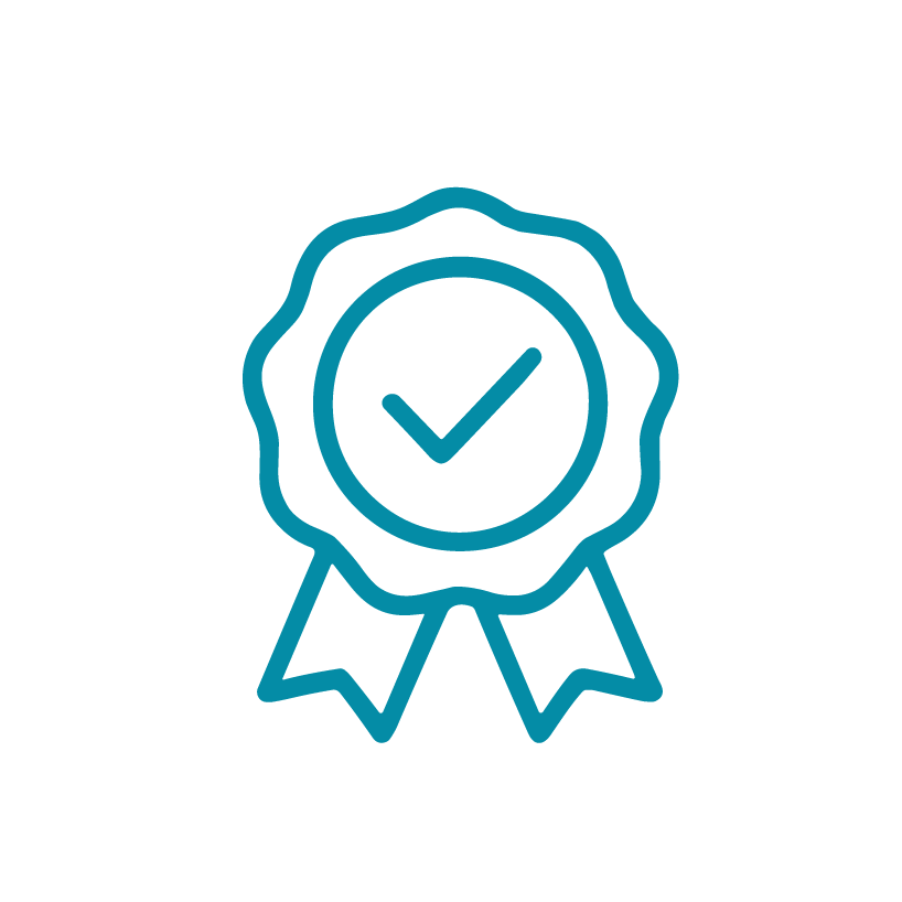 Icon of a certificate with a checkmark inside a circle, symbolizing approval or certification.