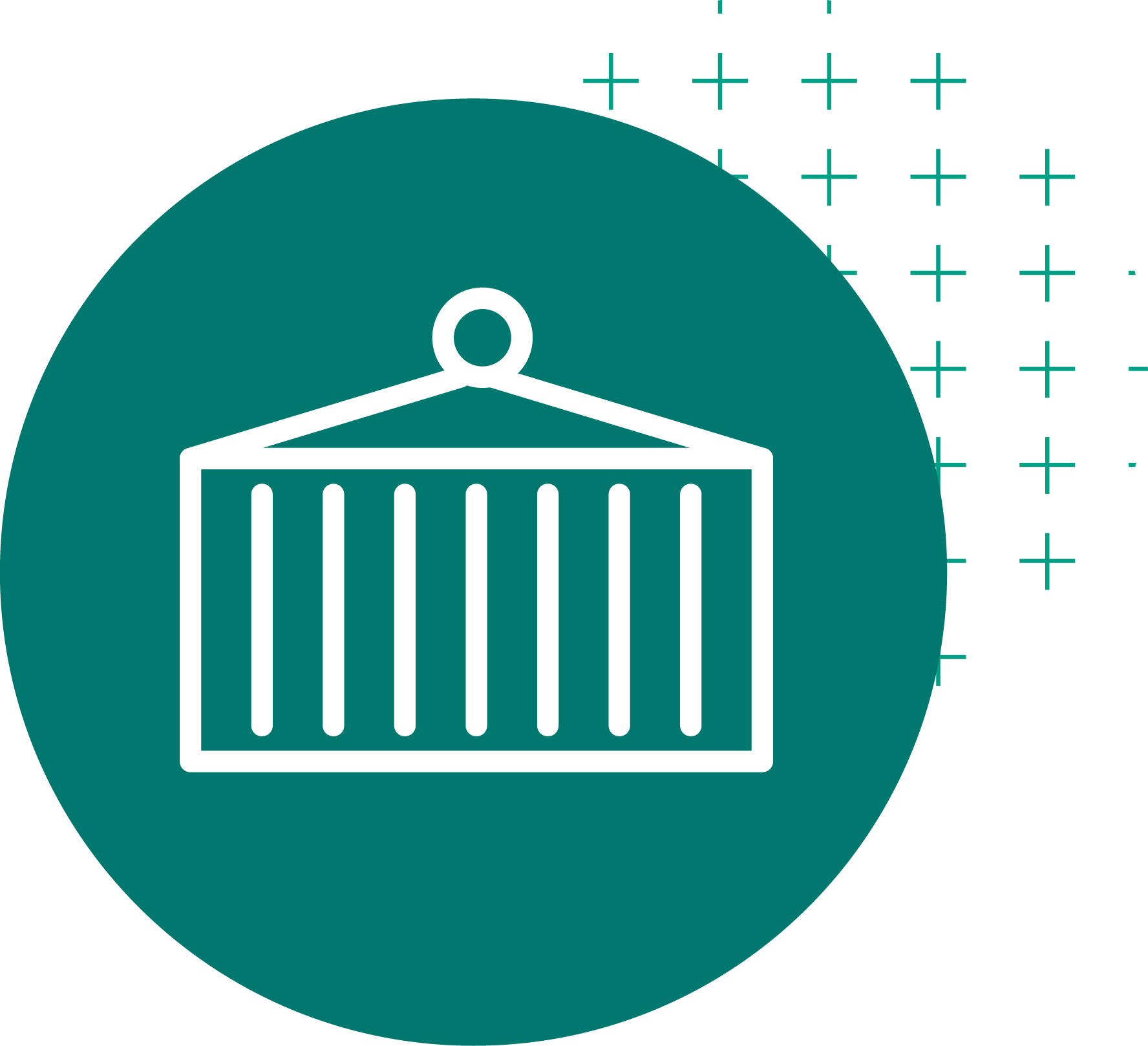 Icon of a hanging birdcage inside a teal circle, with a background of teal plus signs on a black backdrop.