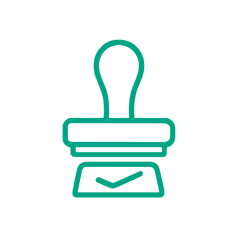 Line drawing of a stamp with a check mark on a scale