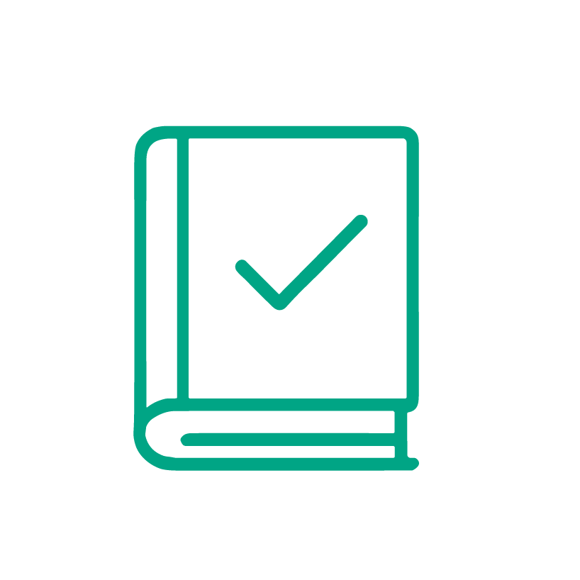 Icon of a closed book with a checkmark on its cover.