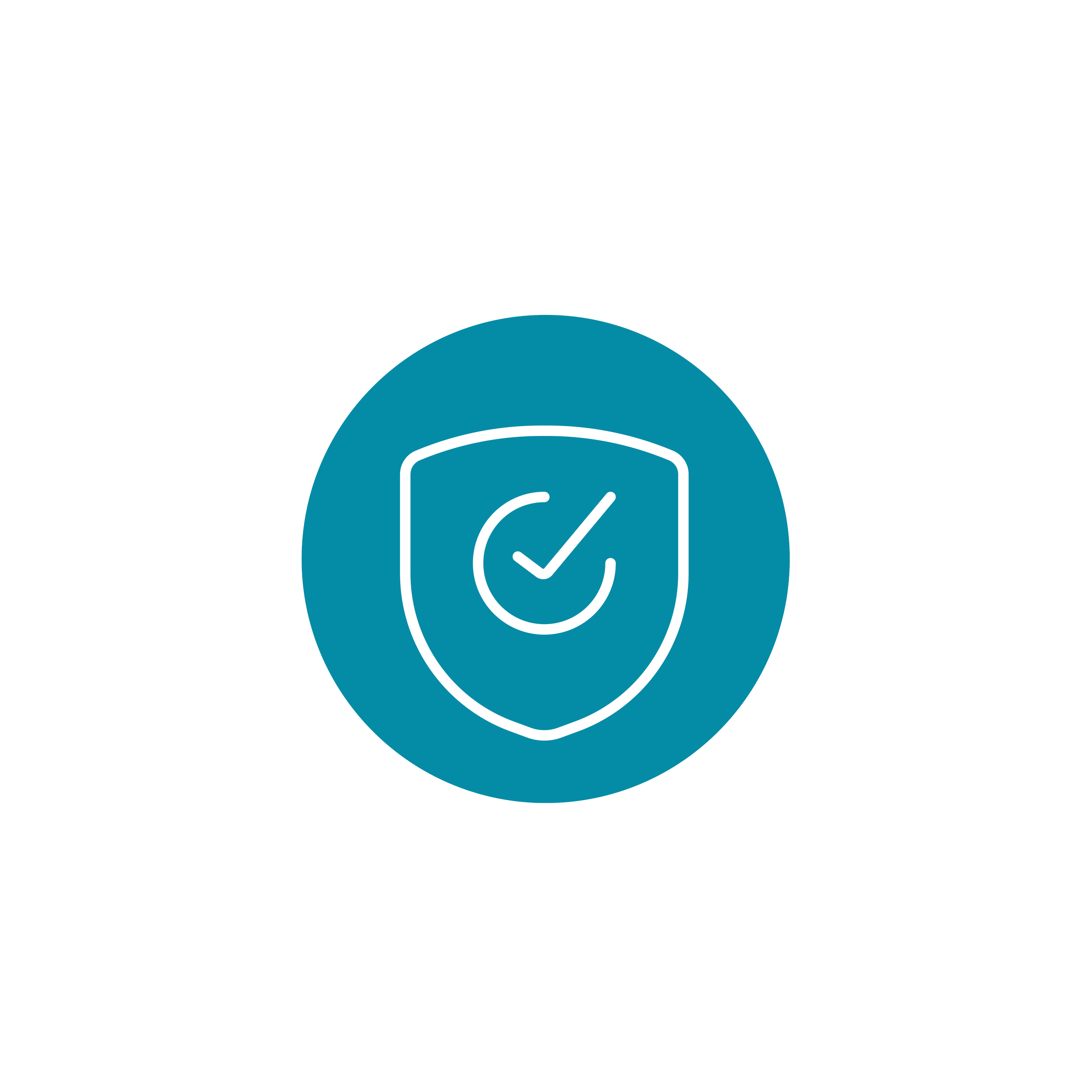 Digital graphic with a shield icon containing a checkmark and circle, surrounded by concentric circles on a black background.