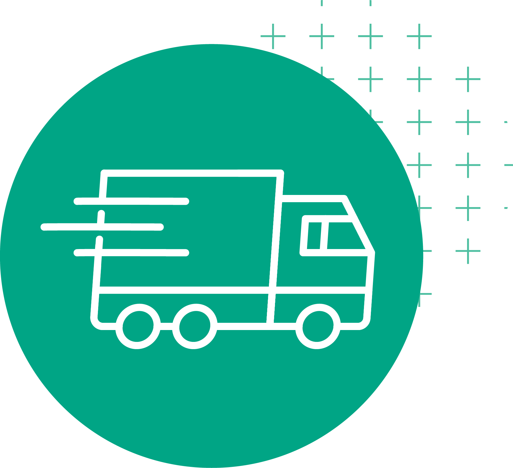 Icon of a delivery truck with motion lines indicating speed, inside a teal circle