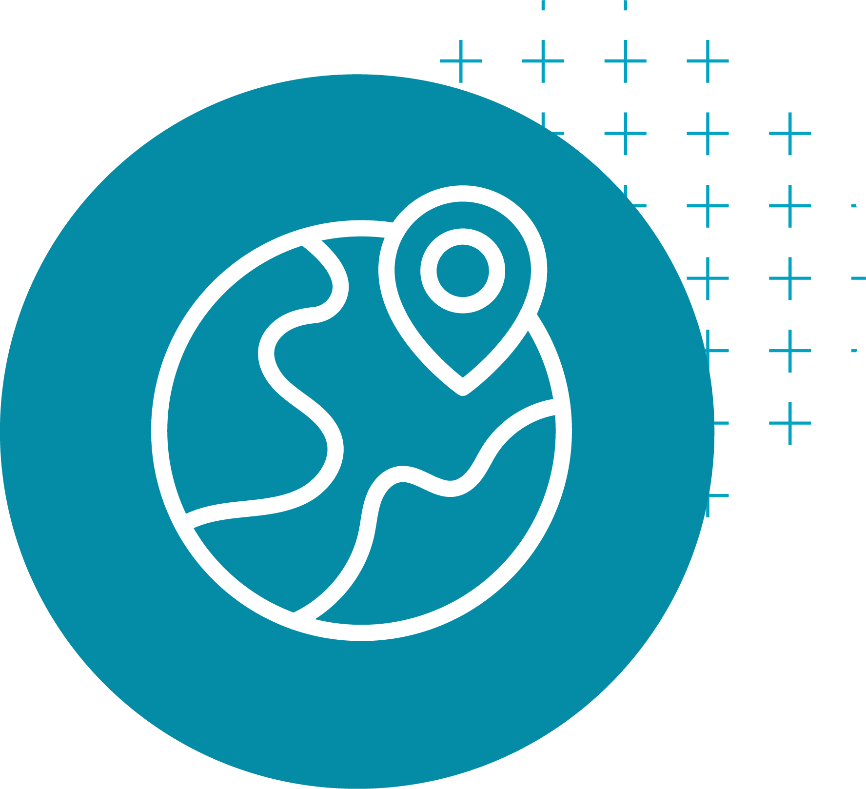 Graphic depicting a globe with a location pin marker on it, symbolizing geographic location or global positioning.