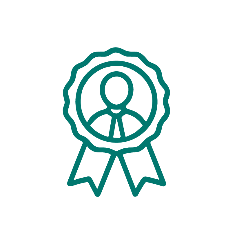 Line art icon of an award ribbon with a person in the center.