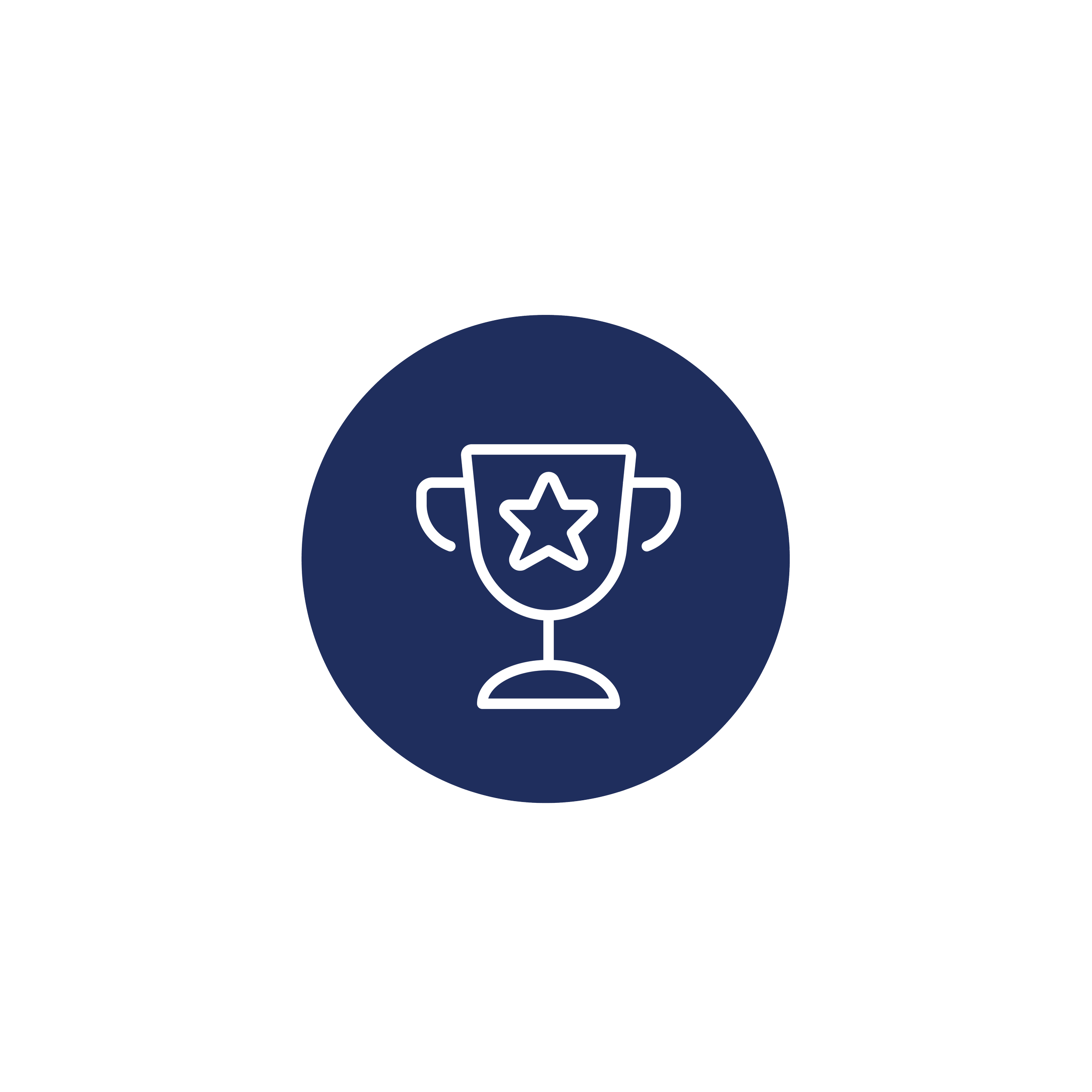 Icon of a trophy with a star in the center, displayed inside a dark blue circle on a black background with white plus signs.