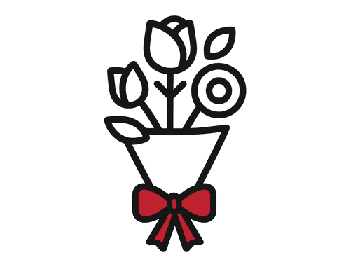 Line drawing of a bouquet of flowers with a red bow at the base.