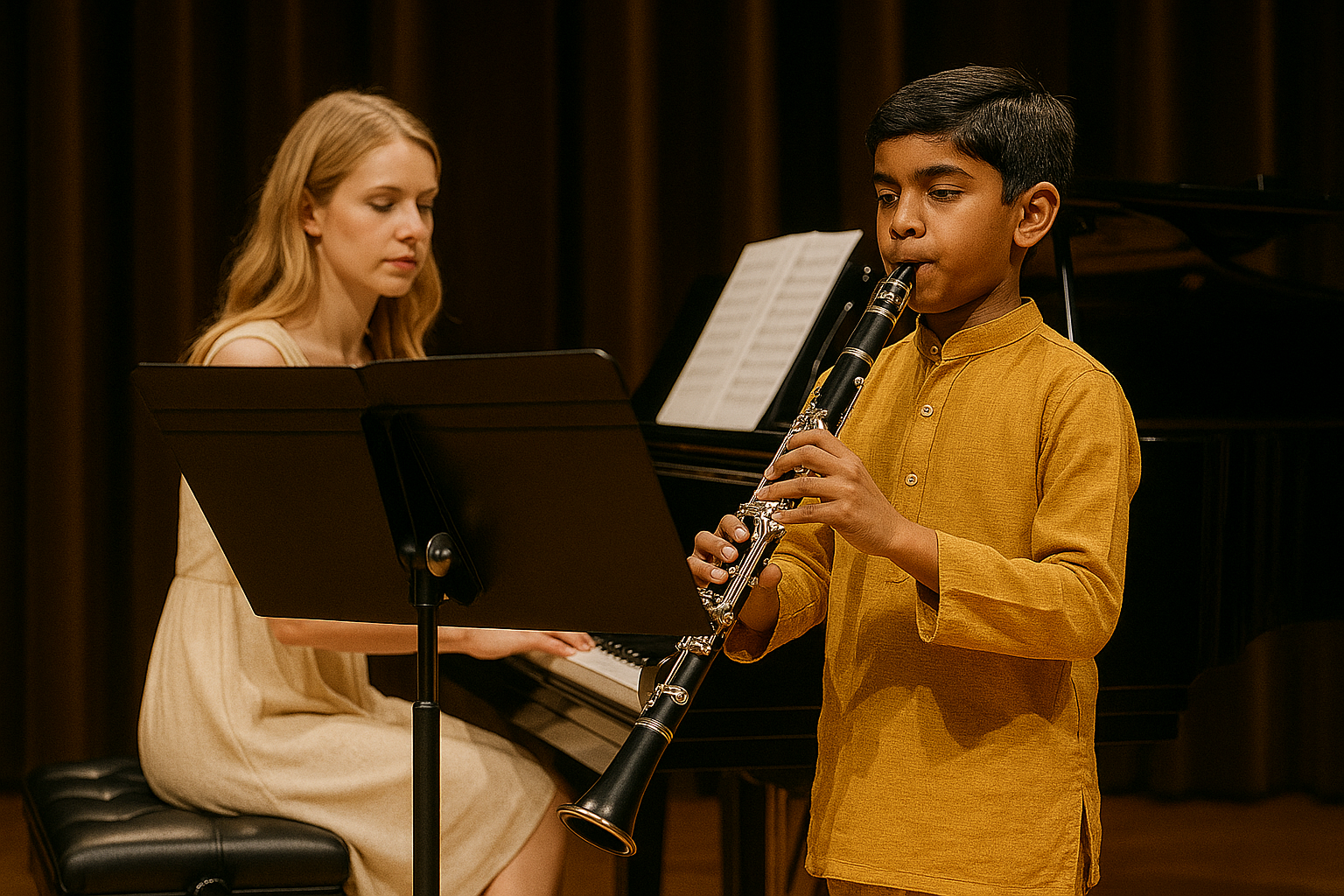 A young boy playing the clarinet in front of a woman at a piano during a musical performance.