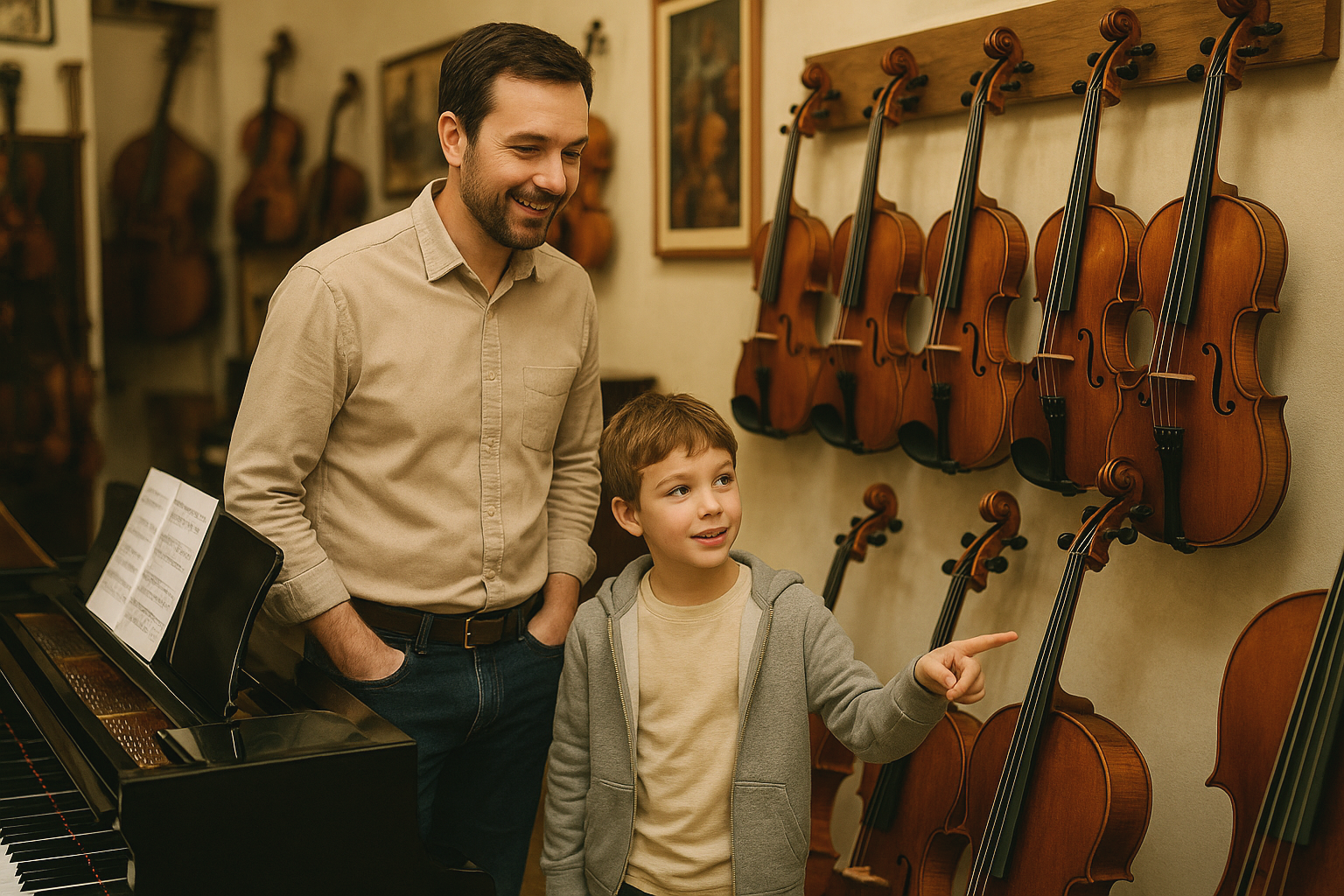 A man and a boy in a violin shop, looking at violins on the wall. The boy is pointing at a violin.