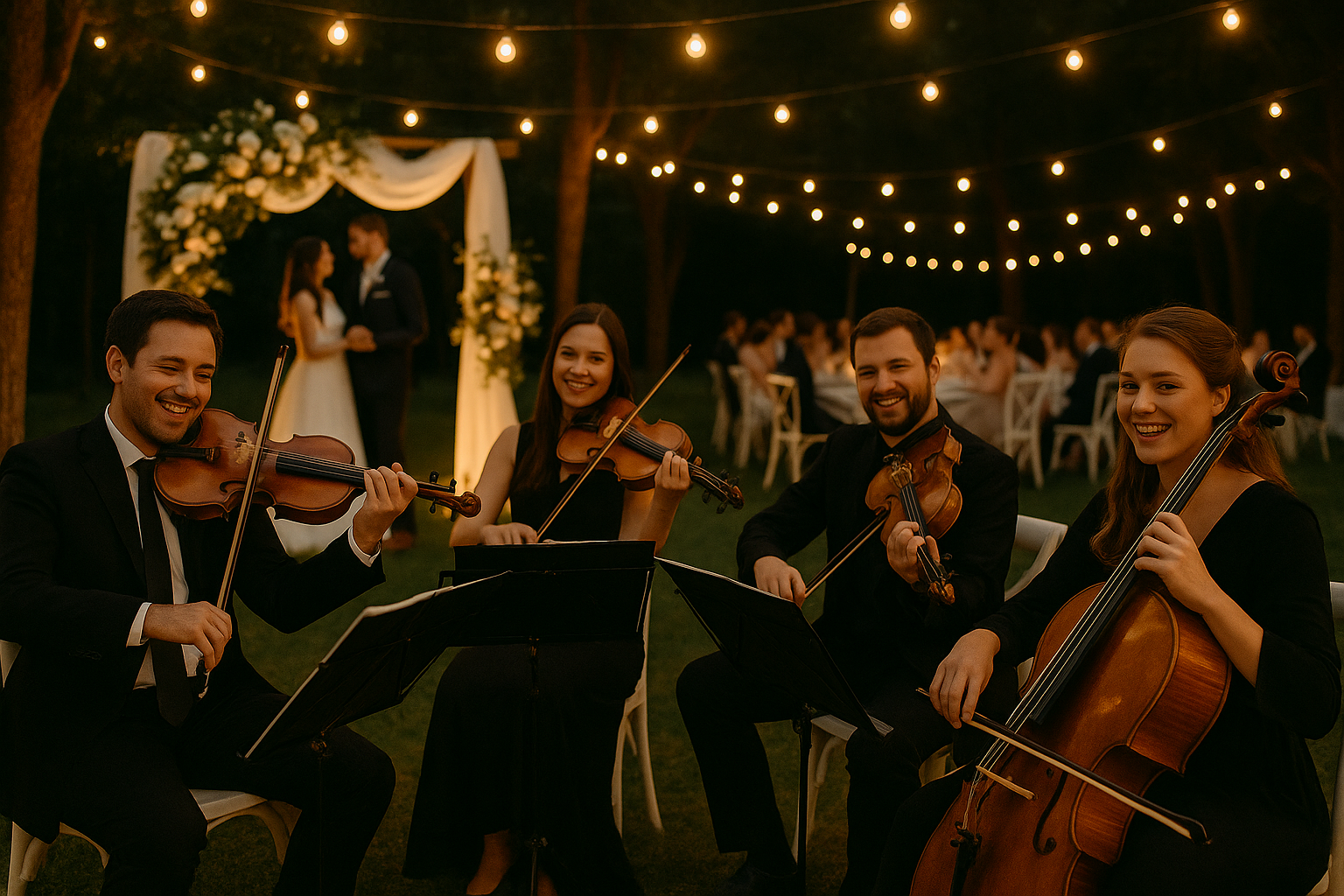 A string quartet performing at an outdoor wedding reception at night under string lights, with the bride and groom in the background.