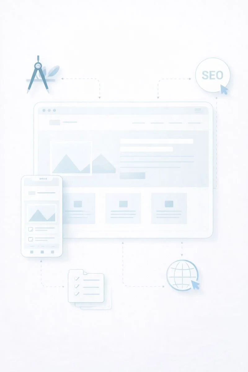Wireframe-illustration av webbplats i desktop- och mobilvy som visar struktur, innehållslayout och publicering av digital närvaro.