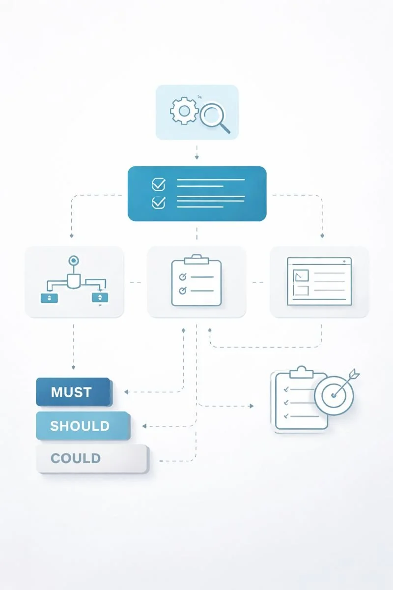 Abstrakt visualisering av digital discovery och scope-arbete med strukturerad analys, prioritering och beslutsflöden.
