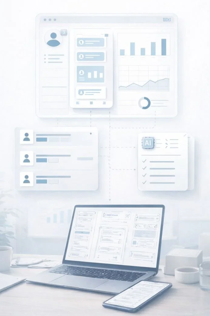 Illustration som visar hur verksamhetsbehov, användarflöden och AI-stöd kopplas samman till ett strukturerat digitalt beslutsunderlag.