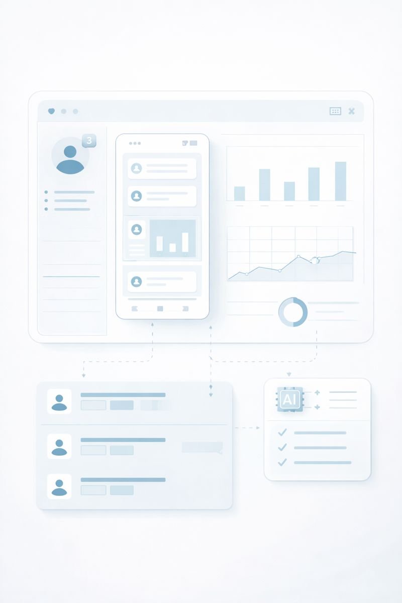 Minimal wireframe-visualisering av en MVP-lösning med användarflöden, dashboard, dataöversikt och AI-stött funktionalitet.