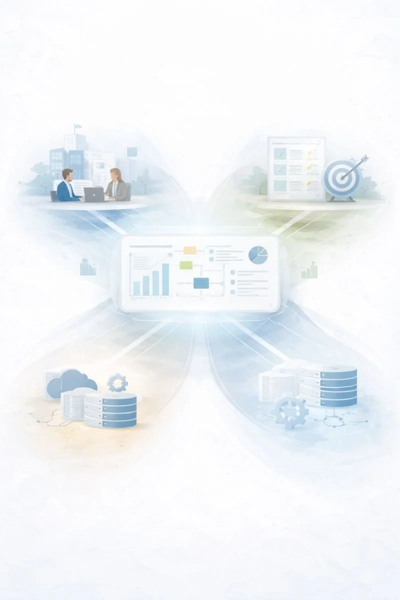 Illustration som visar hur verksamhet, IT och leverans kopplas samman via ett centralt digitalt nav med data, processer och beslutsstöd.