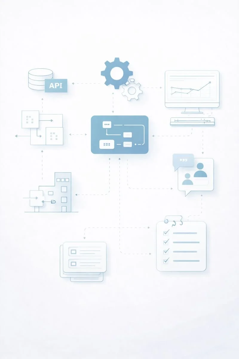 Abstrakt visualisering av operativt IT- och verksamhetsstöd med samordning mellan system, processer, dataflöden och organisation.