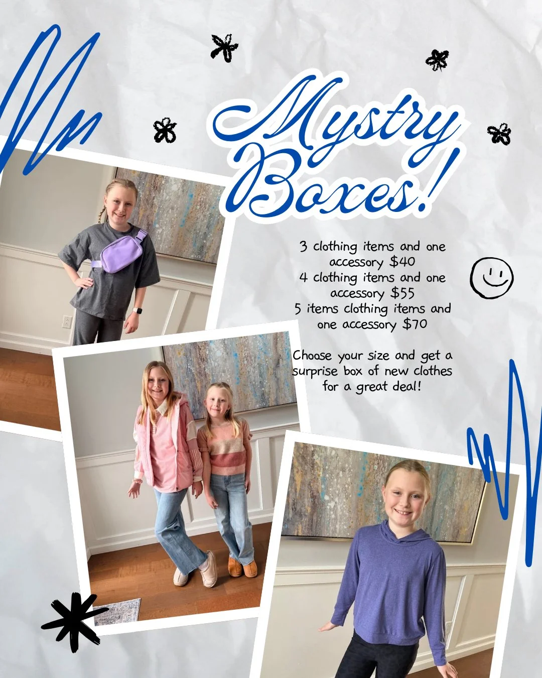 Love the thrill of a surprise and a good deal on clothes? Purchase your girl a mystery box! This is a great way to get high quality items at a good price! Select your size and box size, shipping or local pick up is available! Sizes Small-XL. #girlscl