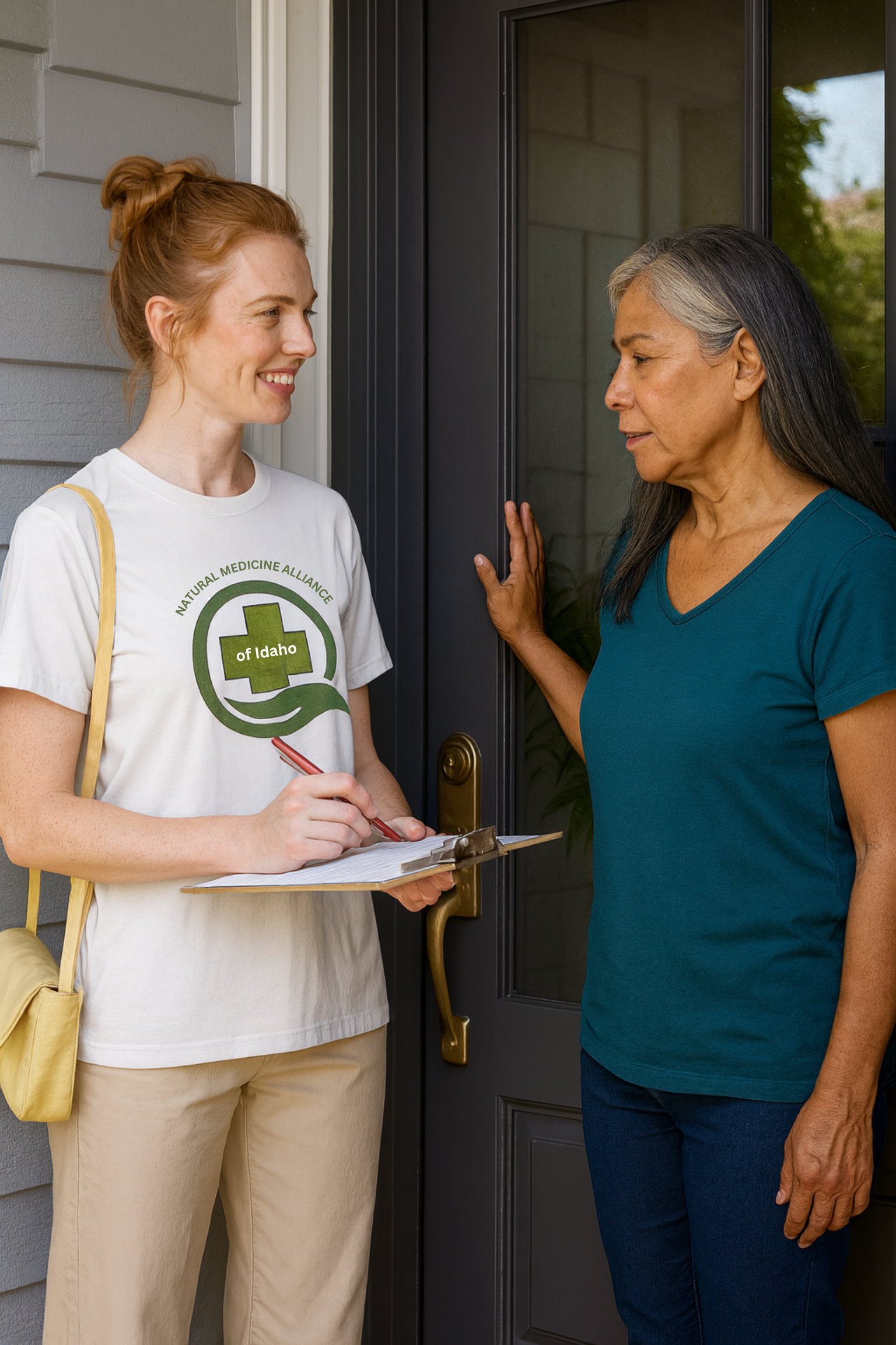 A healthcare worker with red hair and a white T-shirt with green text and logo on the front, taking notes on a clipboard while standing outside a house, speaking with an older woman with long gray hair and a teal shirt at the front door.