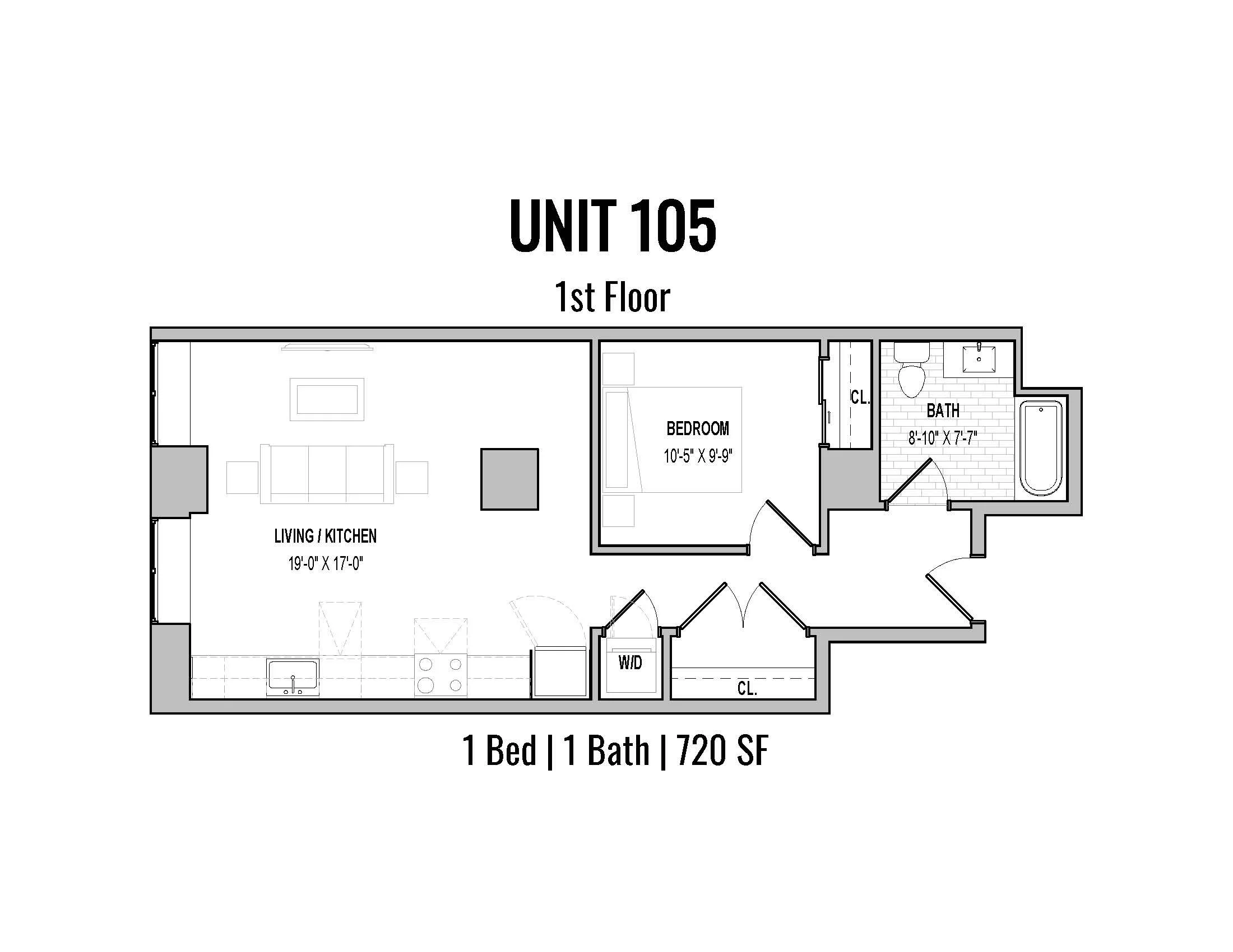 Floor plan of Unit 105, a one-bedroom, one-bath apartment with 720 square feet. It features a combined living room and kitchen area, a bedroom, a bathroom, and laundry appliances near the entrance.