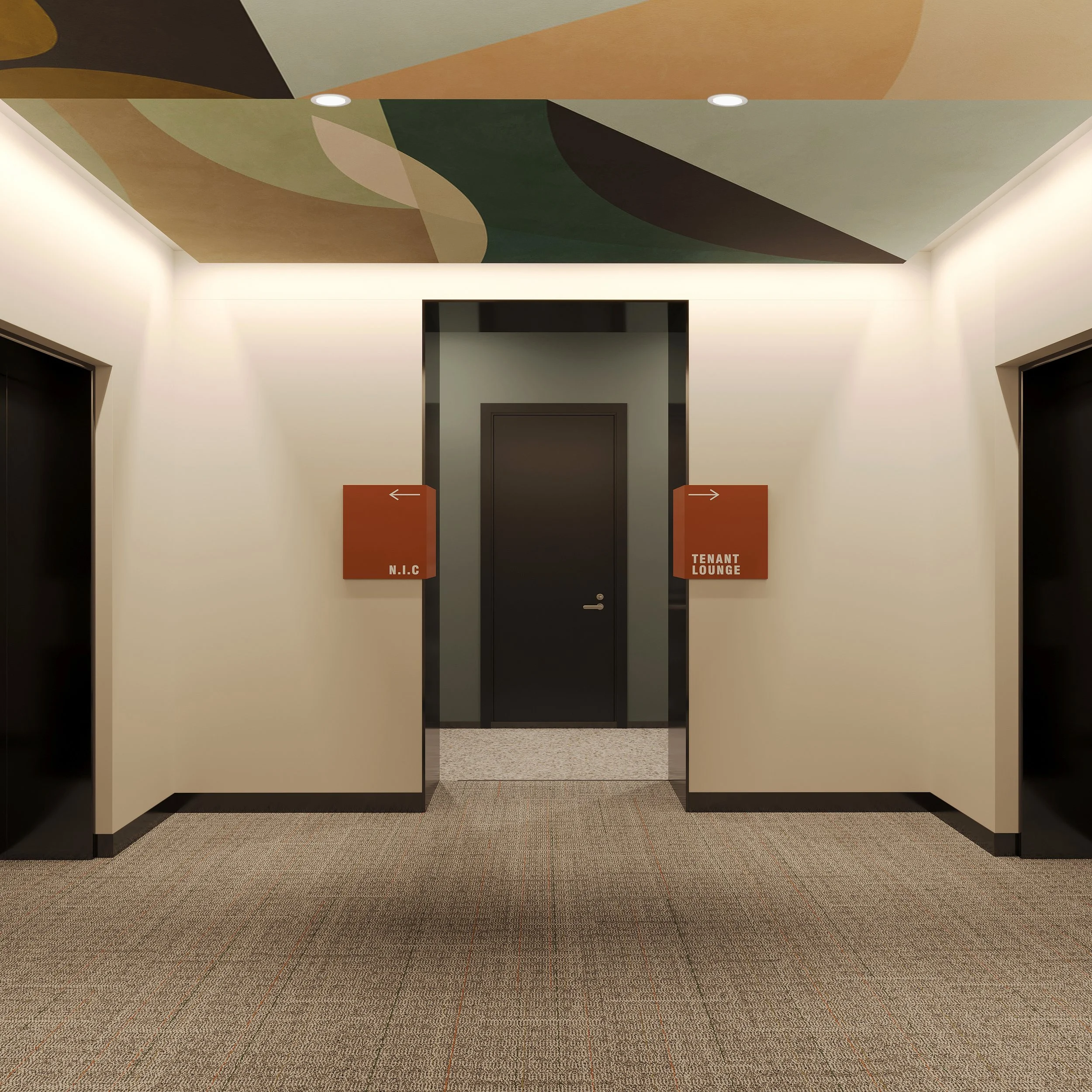 Interior hallway with two elevators, walls painted in neutral tones, and ceiling with abstract mural. Signs indicate directions to N.I.C and Tenant Lounge.