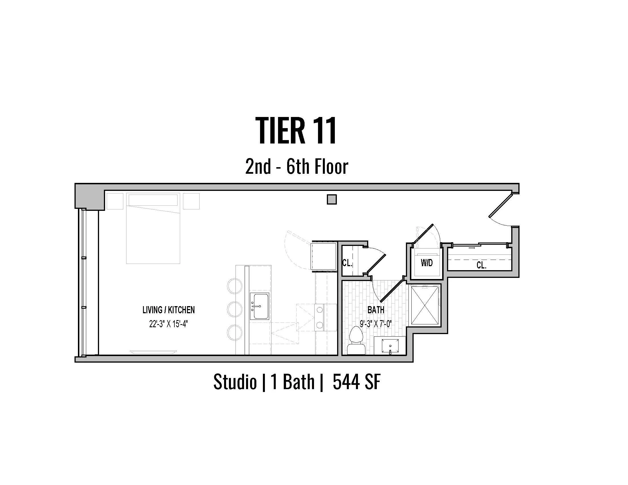 Floor plan of a studio apartment on the second to sixth floor, labeled as Tier 11, with an area of 544 square feet and one bathroom. The layout includes a living/kitchen area measuring 22 feet 3 inches by 15 feet 4 inches, a bathroom measuring 9 feet