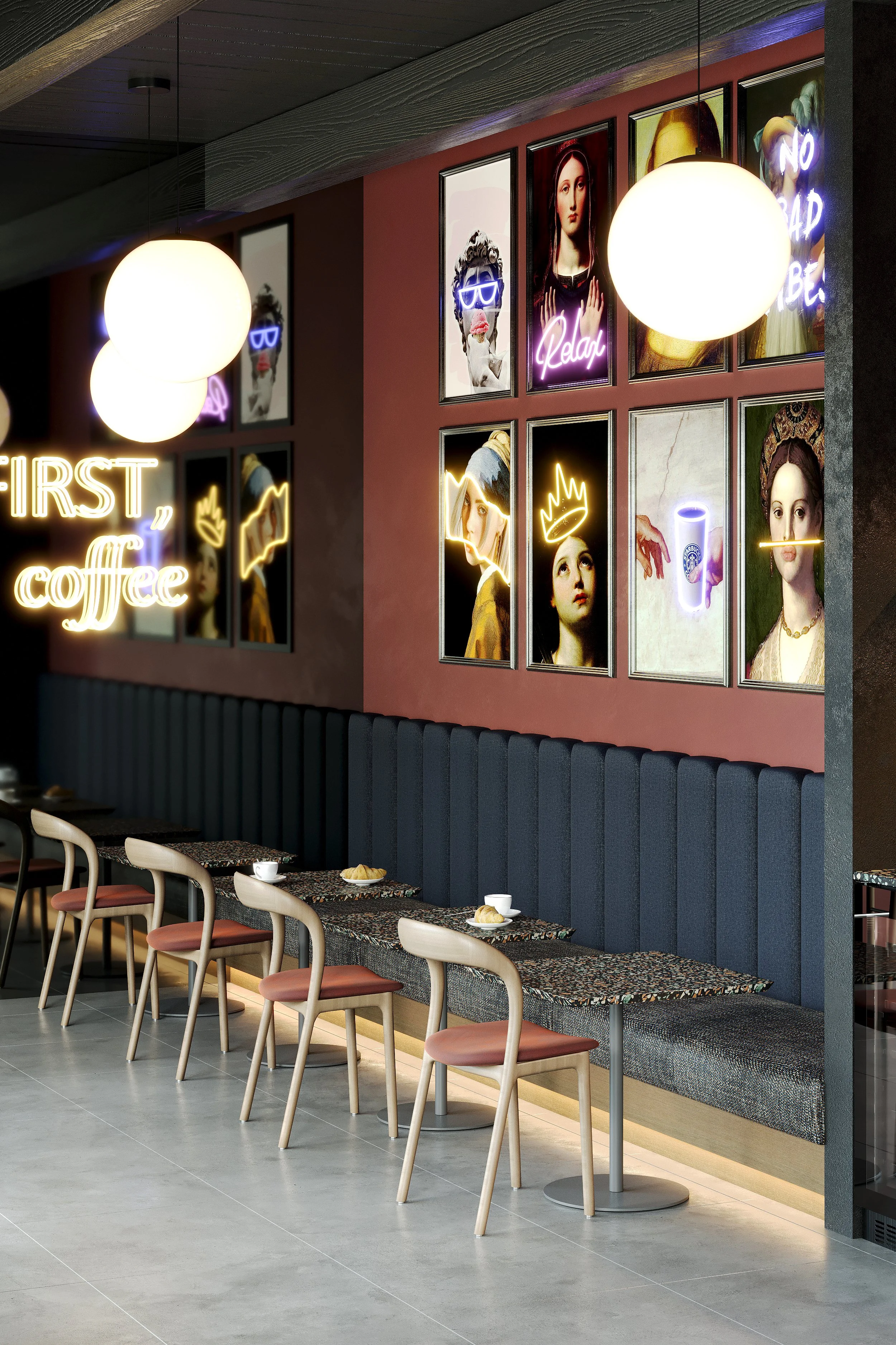 Interior of a cafe with modern decor, featuring framed artwork and neon signs on a pink wall, white hanging spherical lights, a marble-topped table with chairs and cups, and a neon sign reading 'First, coffee'.