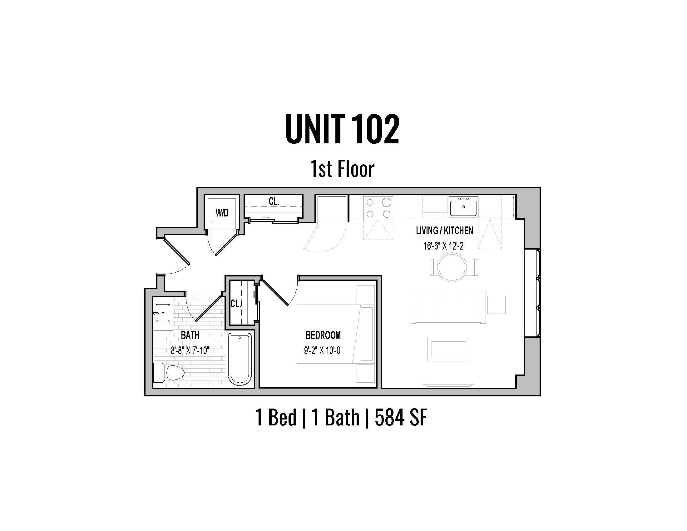 Floor plan of Unit 102 with one bedroom, one bathroom, living room, kitchen, laundry area, and closet space, totaling 584 square feet.